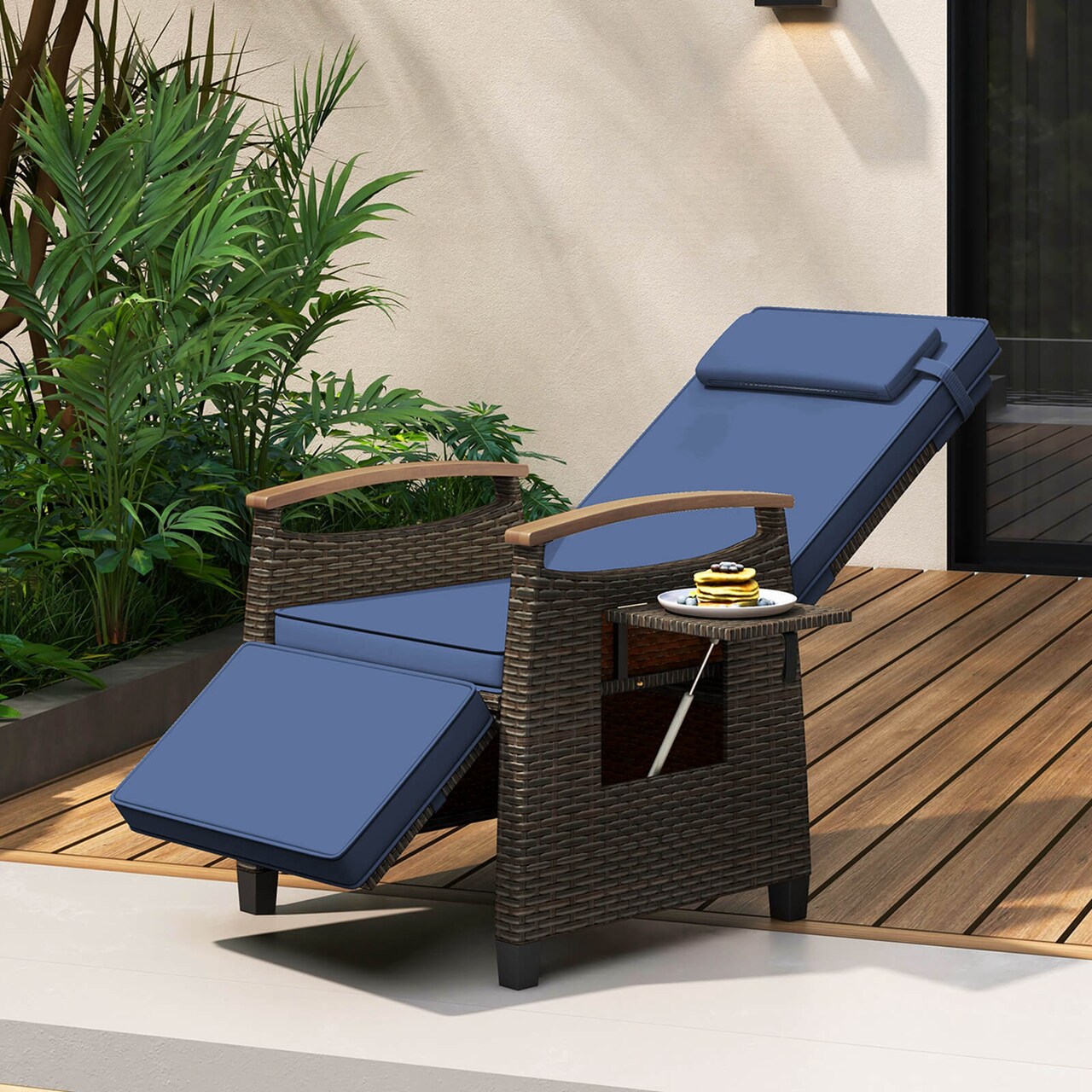 Costway 1/2 PCS Patio Wicker Recliner Chair with Adjustable Backrest Footrest Flip Side Table Navy